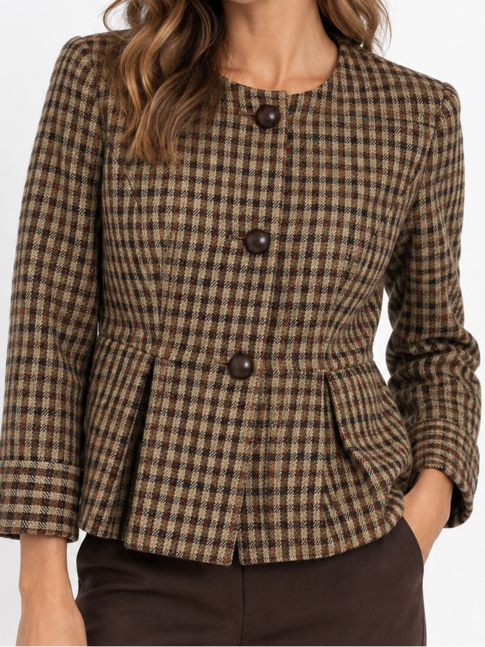 Talbots Brown Olive Wool Plaid Peplum Jacket Size 8